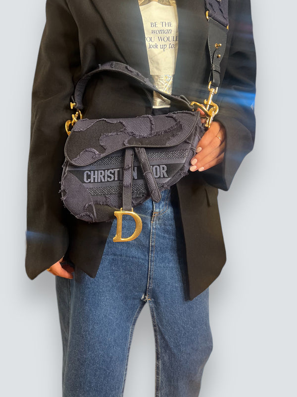 Christian Dior Navy Embroidered Canvas Camouflage Saddle Bag