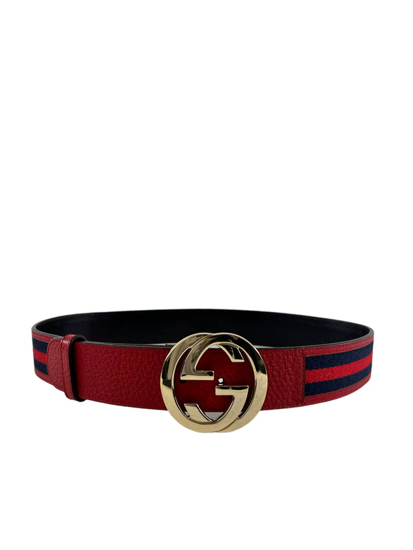 Gucci Red Canvas Belt with Silvertone GG Buckle - Medium