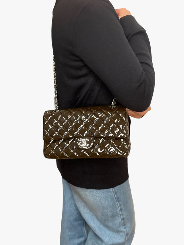 Chanel Khaki/Olive Patent Leather Medium Double Flap Crossbody