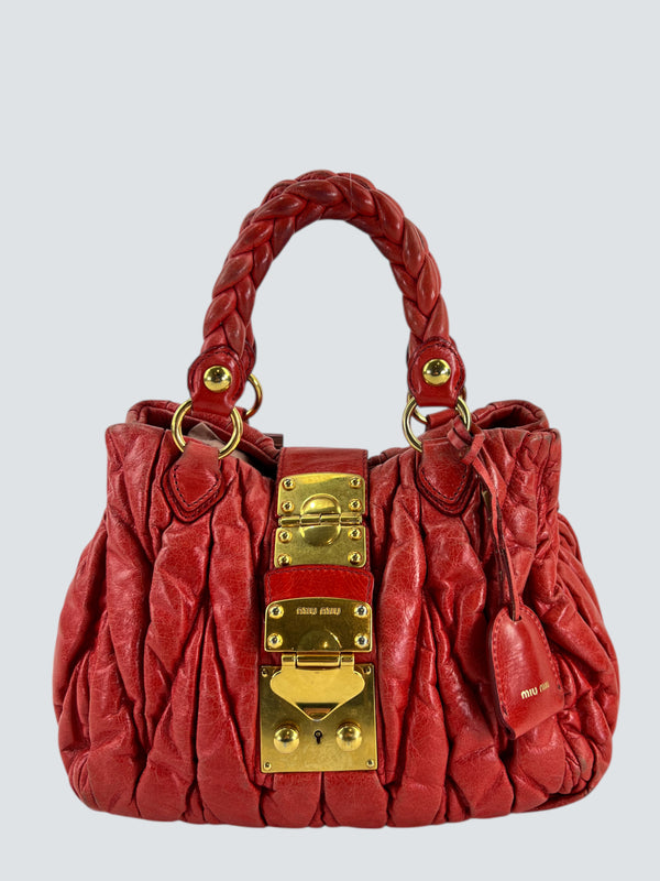 MiuMiu Coral Ruched Leather Small Tote