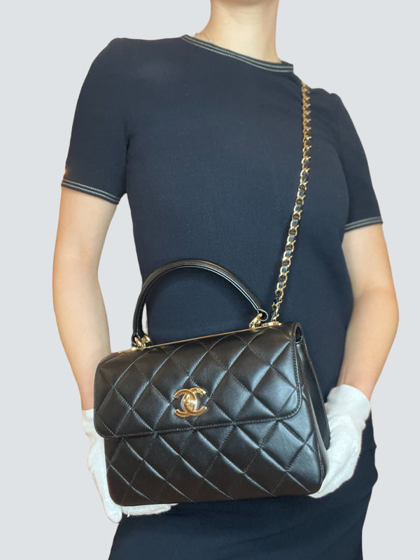 Chanel Black Lambskin Leather Trendy Top Handle Shoulder Bag