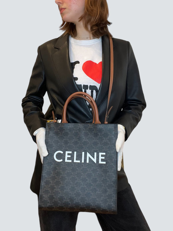 Celine Canvas & Leather Cabas Vertical Triomphe Tote