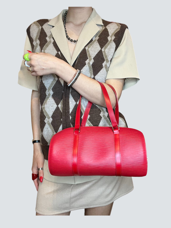 Louis Vuitton Red Epi Leather Papillon Handbag with matching mini pochette