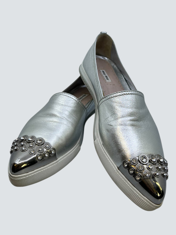 Miu Miu Silver Leather Crystal Embellished Shoes - UK 40