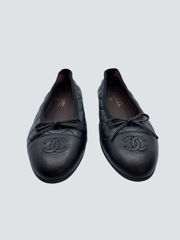 Chanel Black Leather Ballet Flats - Size UK 37.5