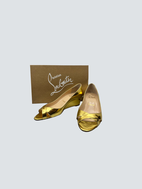 Christian Louboutins Metallic Gold Leather Wedge Heels - Size EU 38