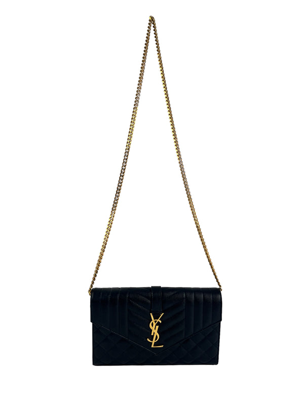YSL / Saint Laurent Black Envelope Chain Wallet in Mix Matelasse Grain de Poudre Embossed Leather