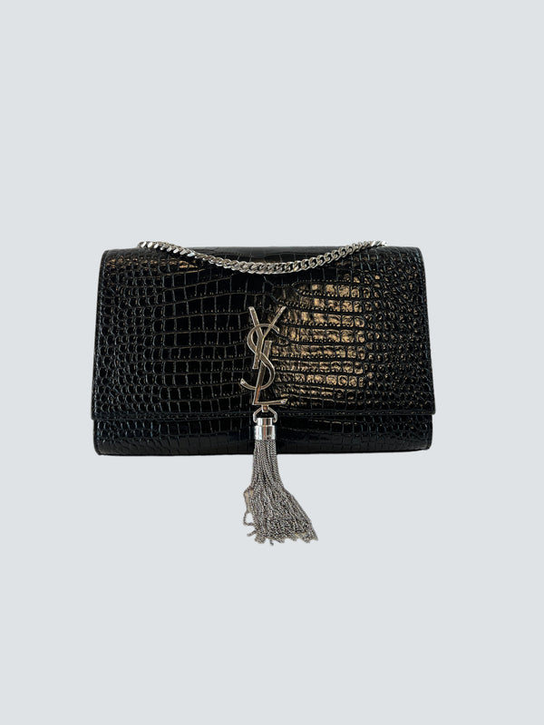 Saint Laurent Black Crocodile Embossed Leather “Kate Tassle” Shoulder Bag