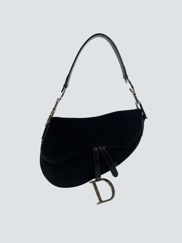 Christian Dior Black Nylon and Leather Vintage Saddle Bag