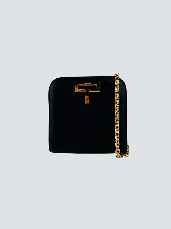 Tom Ford Black Leather Cosmo T Lock Shoulder Bag