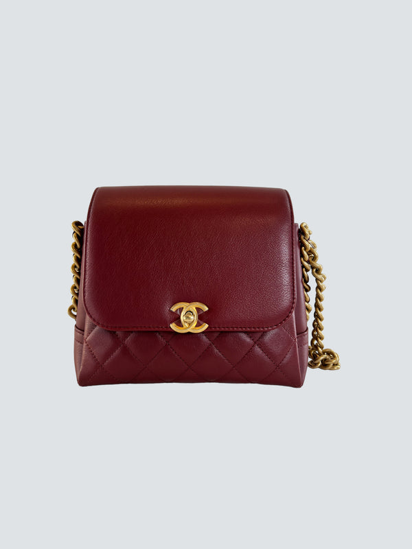 Chanel Red Quilted Brushed Gold Handbag