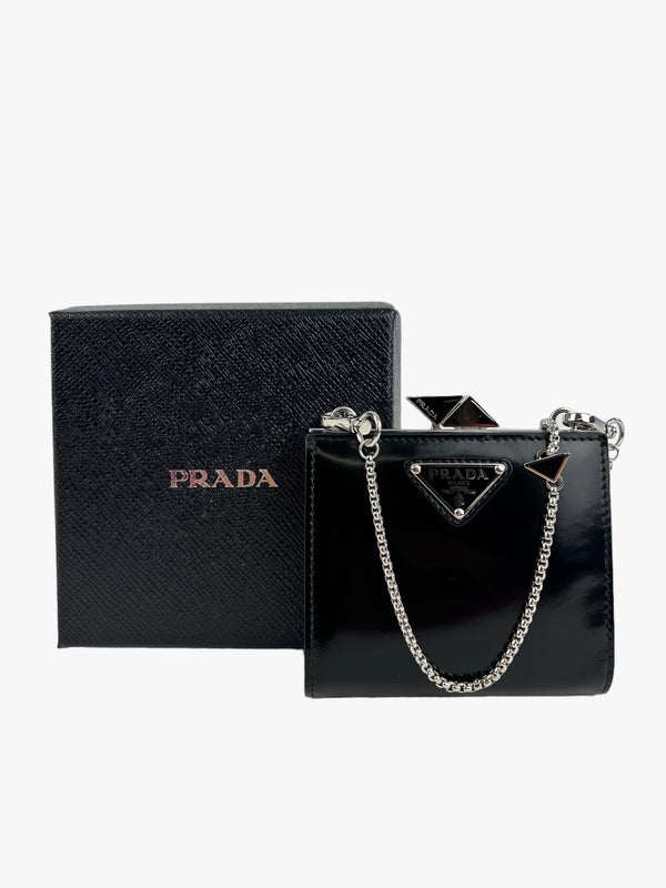 Prada Black Leather Mini Wallet on Chain