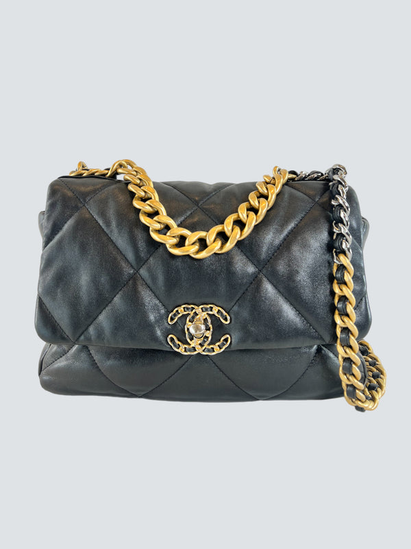 Chanel Black Lambskin Leather Large 19 Handbag