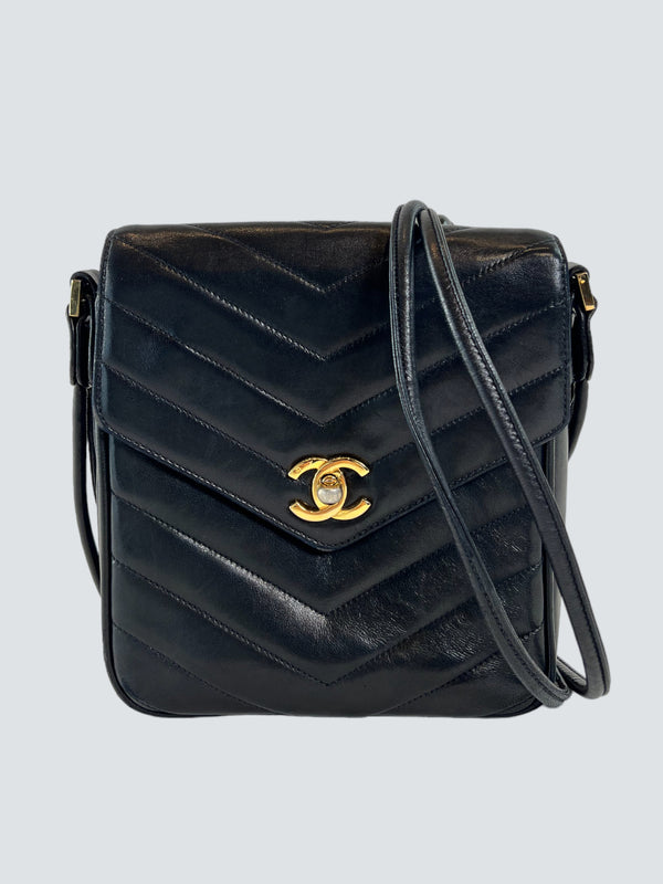 Chanel Vintage Black Lambskin Leather Envelope Flap