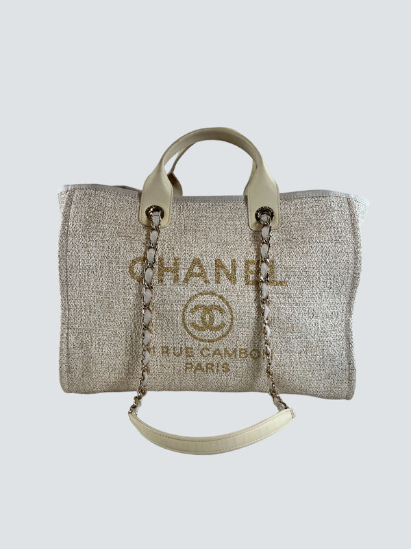 Chanel Cream Sparkle Canvas & Leather Deaville Large Tote