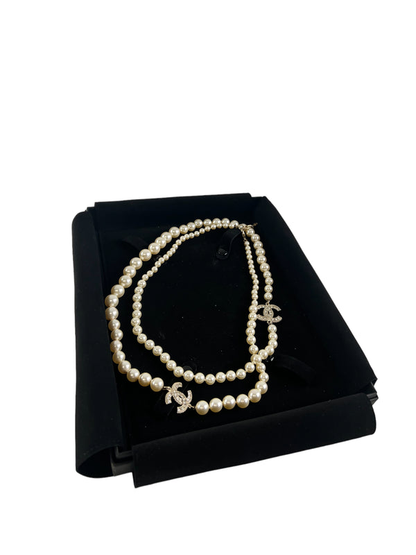 Chanel Pearl and Goldtone CC Double Strand Necklace