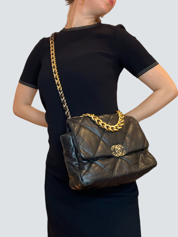 Chanel 19 Black Lambskin Leather Large Handbag