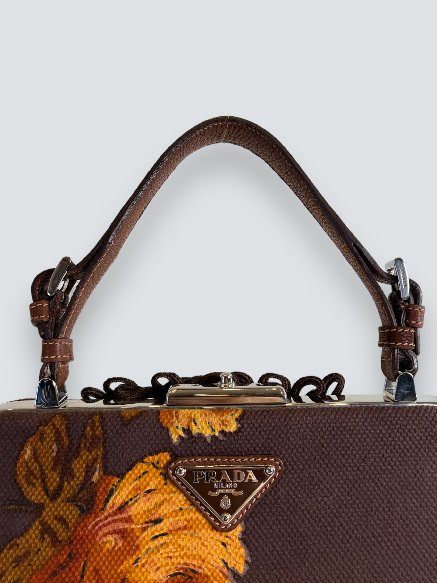 Prada Vintage Brown Embroidered Canvas Mandras Cerniera Handbag