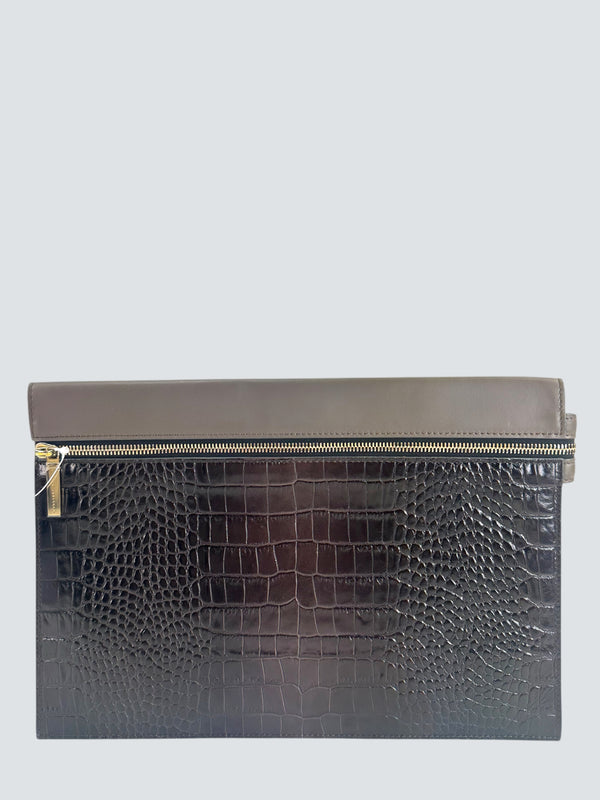 Victoria Beckham Chocolate Brown Croc Embossed Leather Clutch