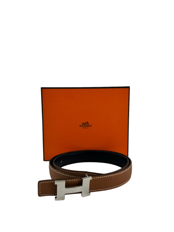 Hermès Black/Tan Leather Reversible H Belt with palladium buckle - UK 6