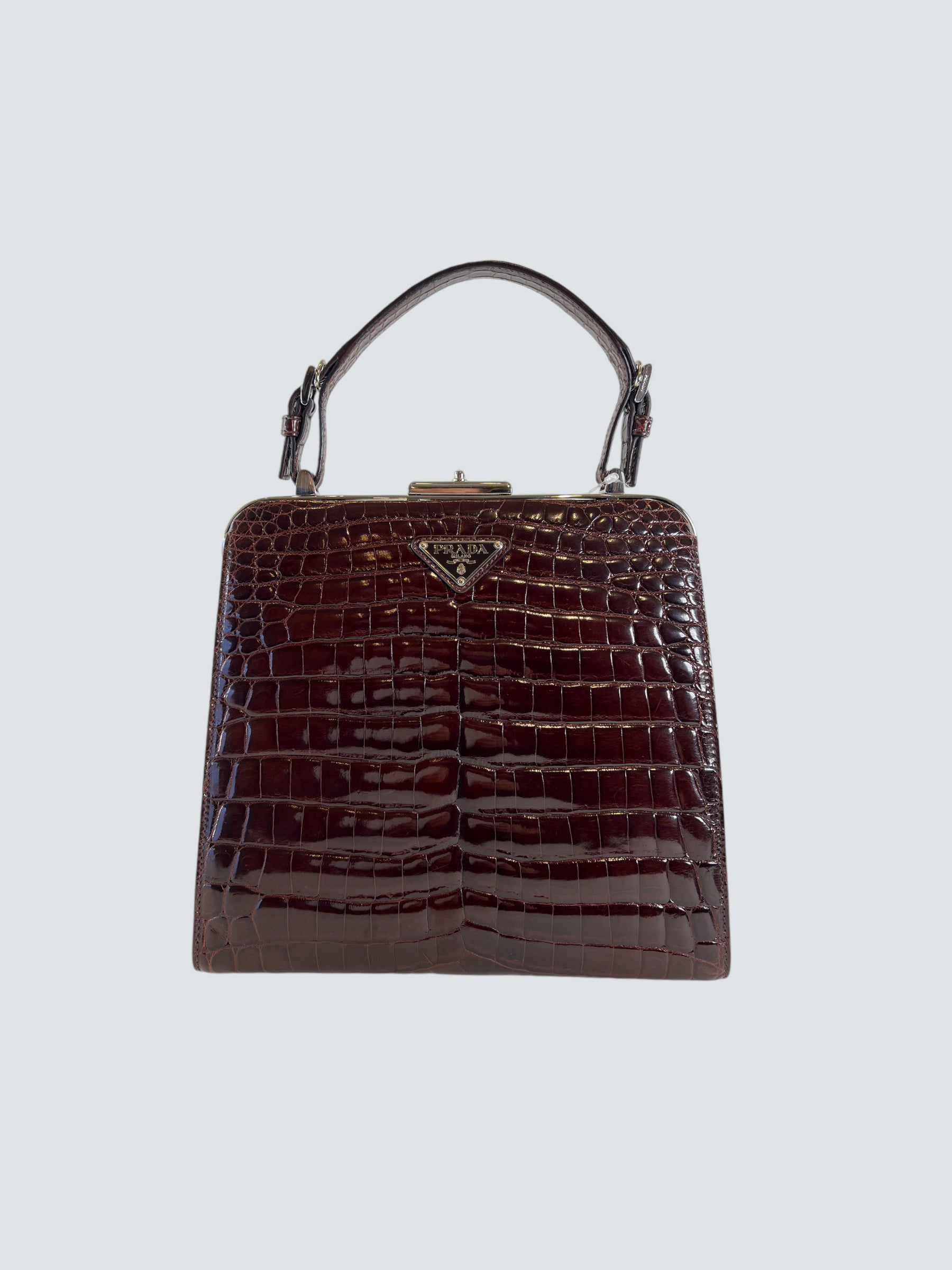 Prada Vintage Brown Croc Effect Leather Frame Handbag – Siopaella