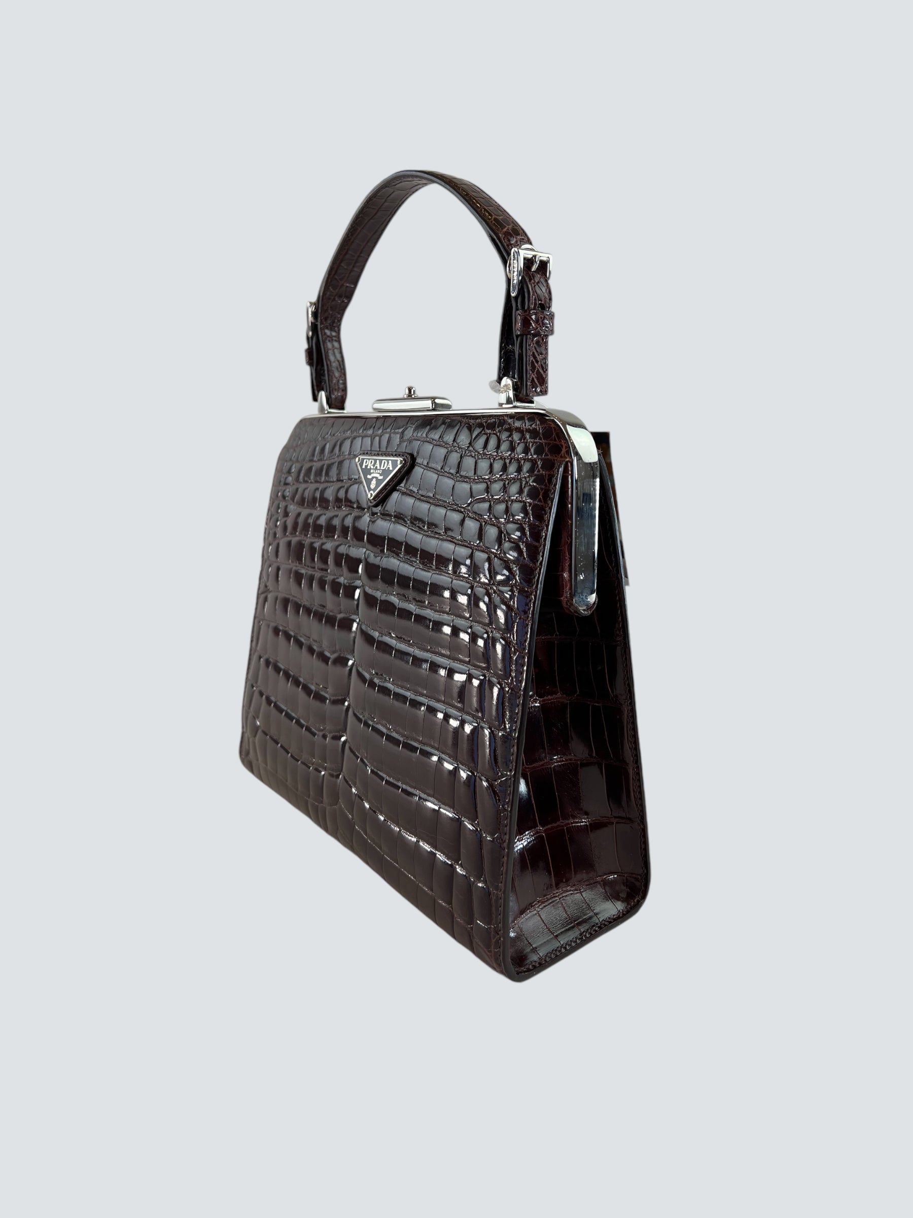 Prada Vintage Brown Croc Effect Leather Frame Handbag – Siopaella