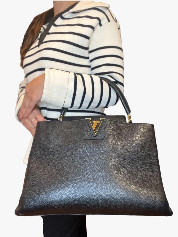 Louis Vuitton Black Leather Capucines GM Tote  Handbag