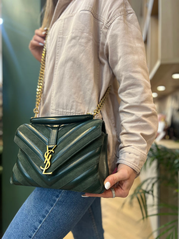 Saint Laurent Emerald Green Chevron Leather & Suede Medium College Bag