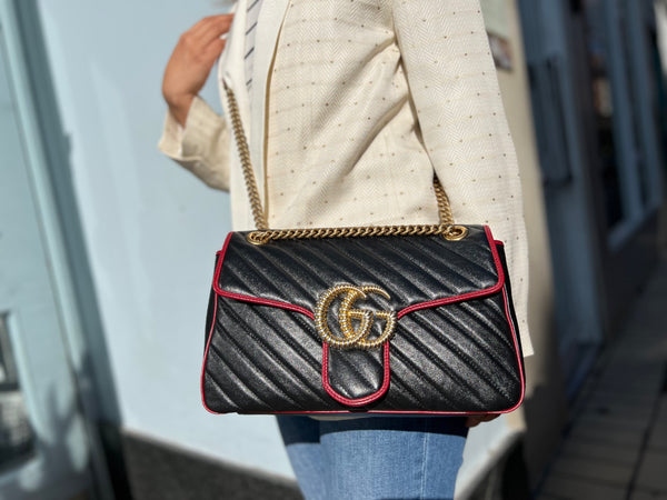 Gucci Red and  Black Leather GG Marmont Crossbody