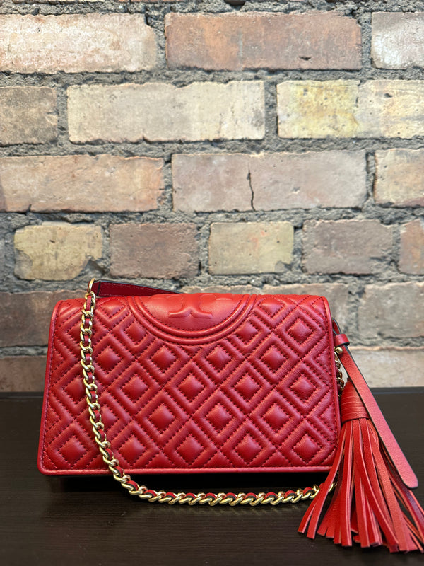 Tory Burch Red Textured Leather Wallet on Chain
