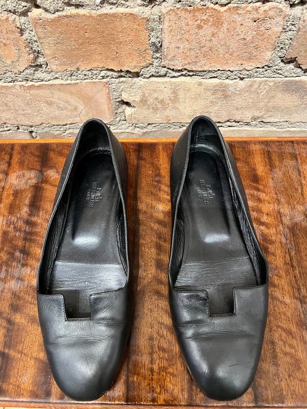 Hermes Black Leather Slip On Shoes - UK 4.5