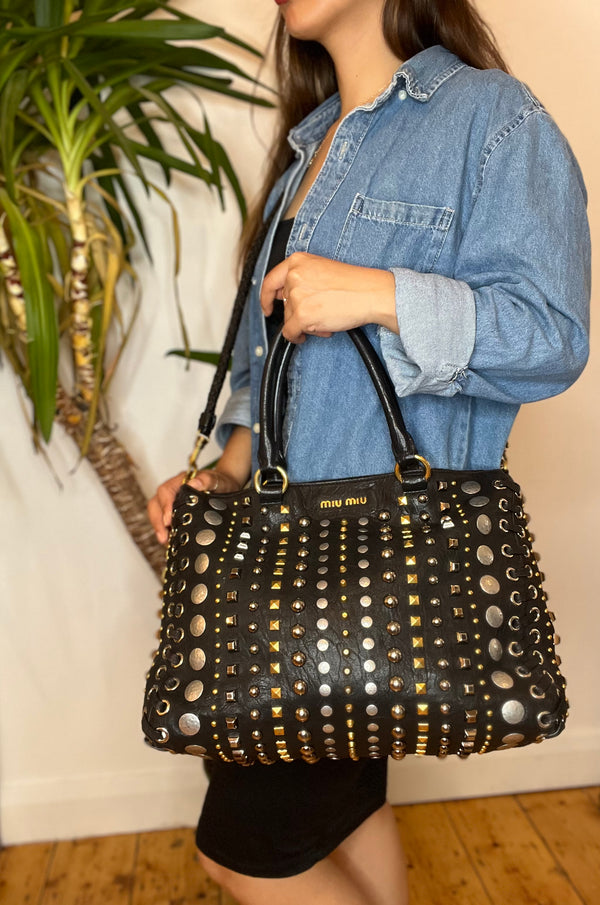 MiuMiu Black Studded Detail Leather Handbag