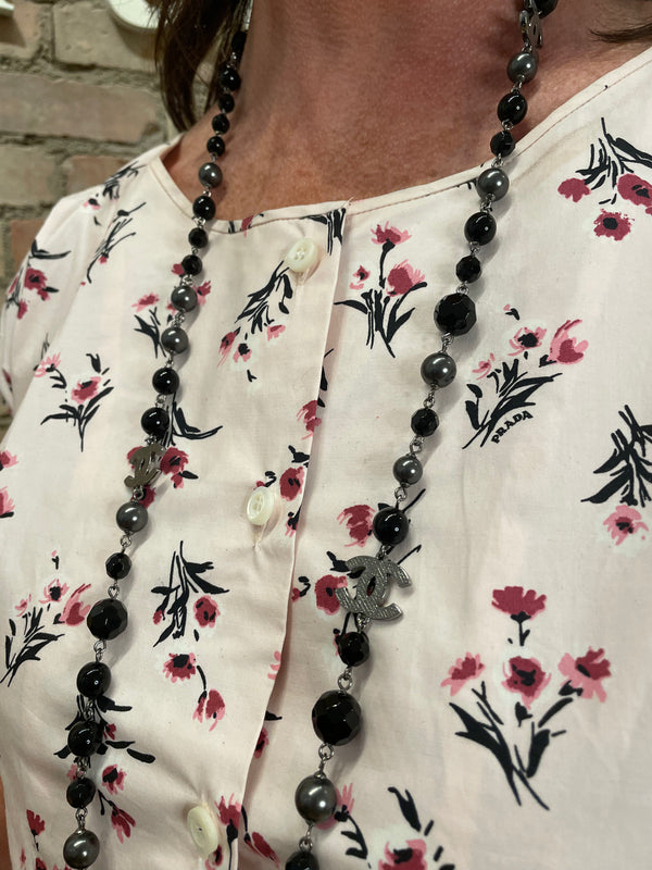 Chanel Black Beaded Gunmetal Hardwear Necklace