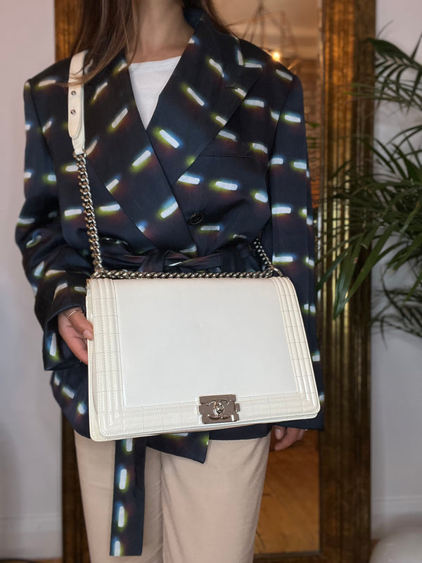Chanel White Boy Patent SIlvertone Handbag
