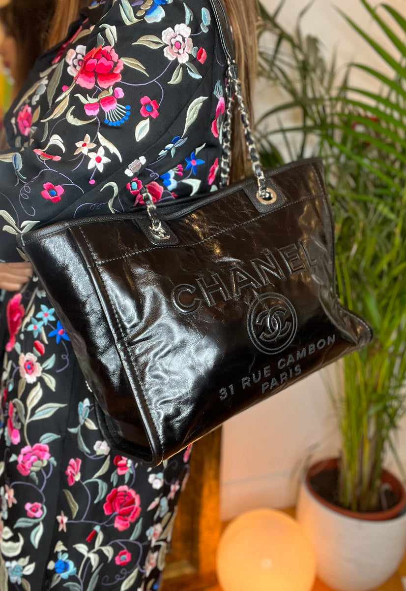 Chanel Black Coated Leather Deauville Shopping Tote