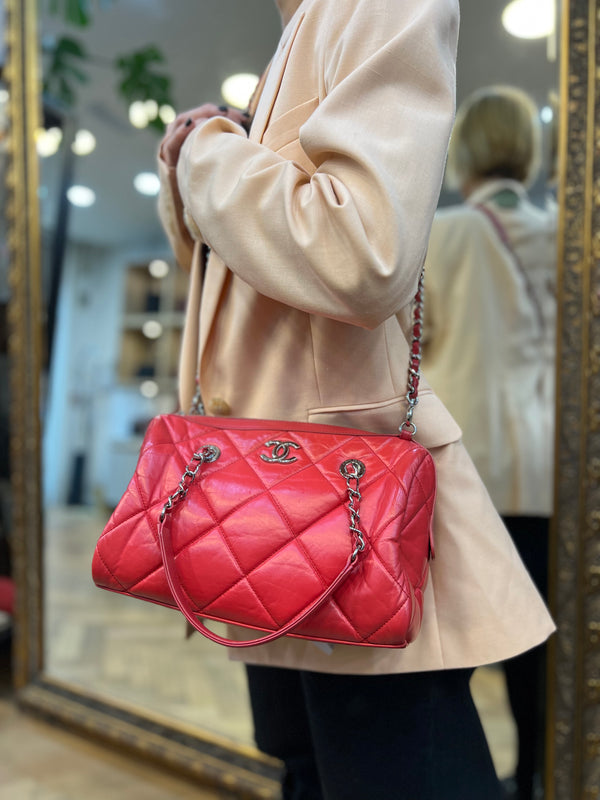 Chanel Red Quilted Calfskin Leather Convertible Bowling Bag