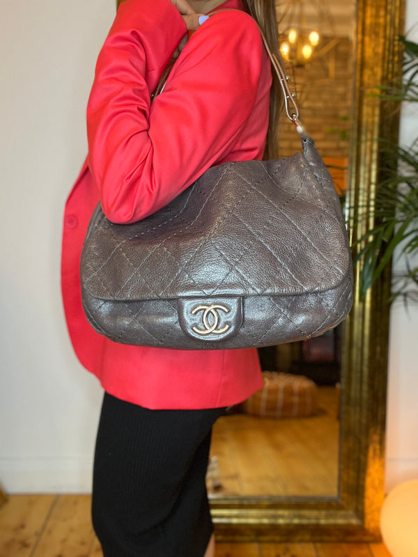 Chanel Dark Grey Quilted Leather Large On the Road Flap
