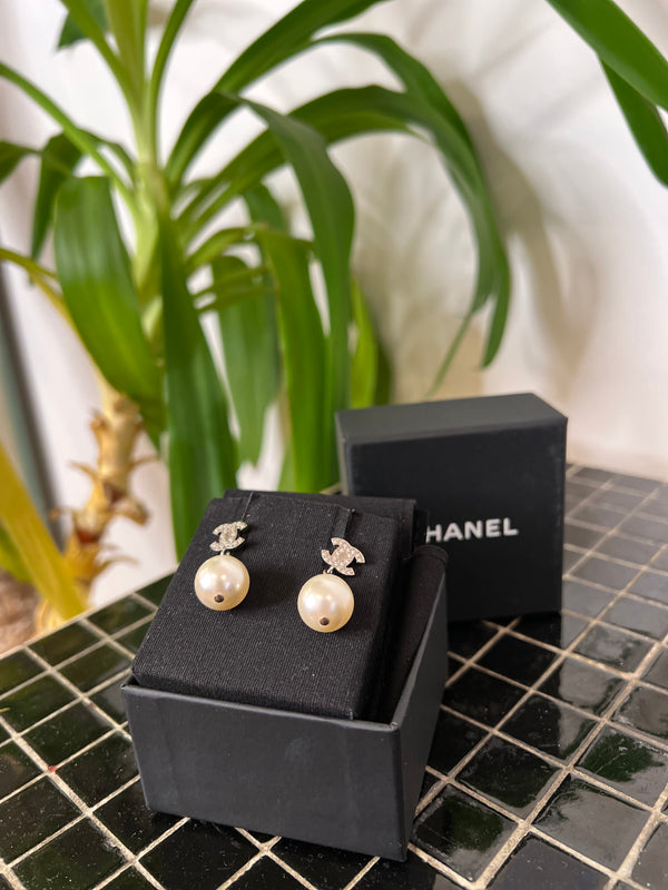 Chanel Crystal CC & Faux Pearl Earrings