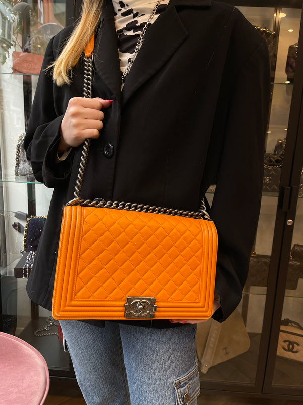 Chanel Orange Lambskin Leather Medium Boy Bag