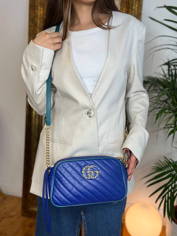 Gucci Electric Blue Matelassé Leather Small GG Marmont Small Crossbody