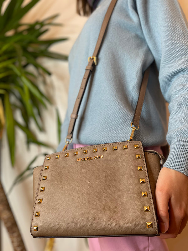 Michael Kors Small Taupe Leather Studded Crossbody