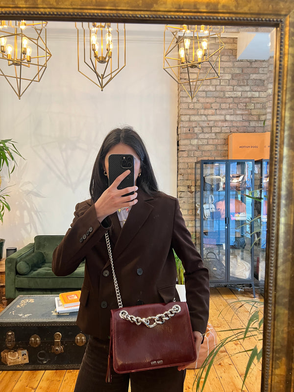 Miu Miu Distressed Effect Burgundy Leather Chain Shoulder Bag