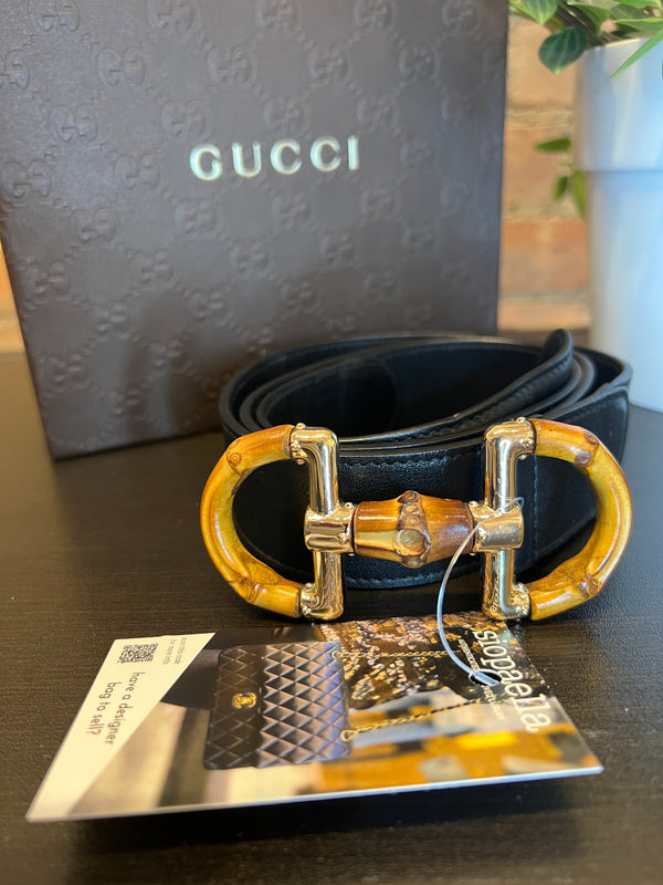 Gucci Size Small Black Leather Belt with Bamboo Buckle