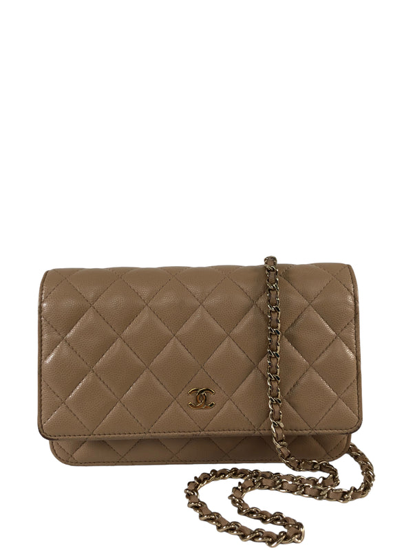 Chanel Cream Caviar Leather Wallet On Chain