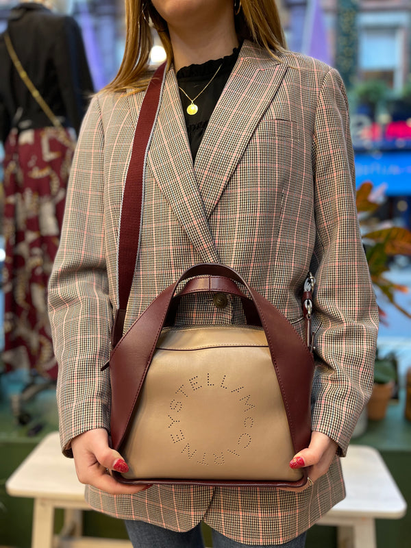 Stella McCartney Taupe/ Burgundy Faux Leather Logo Crossbody Bag W/ Strap