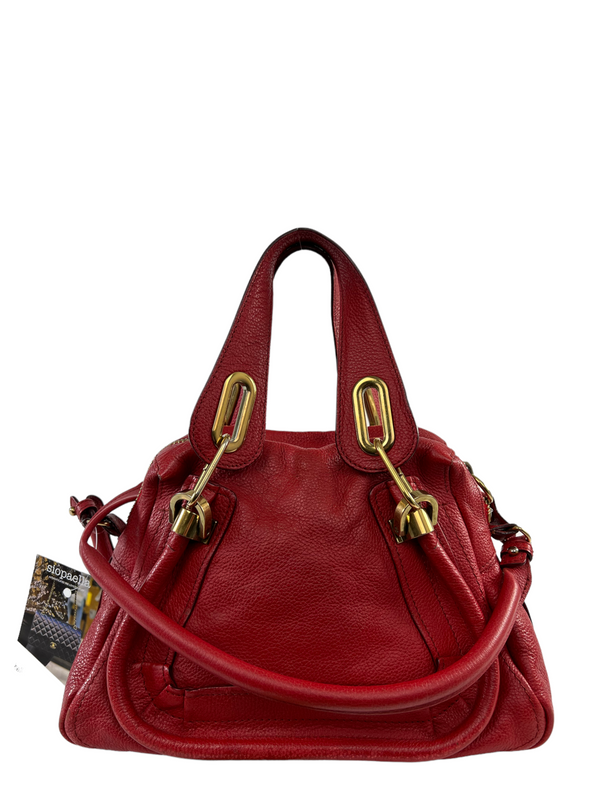 Chloe Red Grained Leather Paraty Shoulder Tote