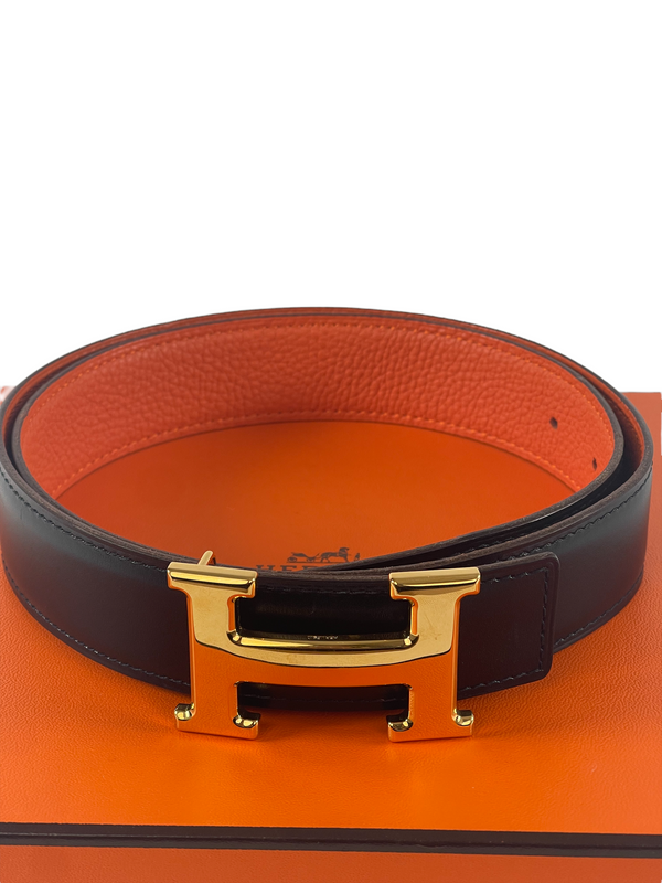 Hermes Black & Orange Reversable Gold 'H' Belt