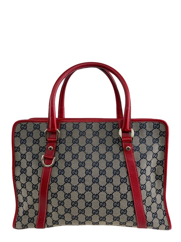Gucci Navy Monogram Canvas and Red Leather Tote