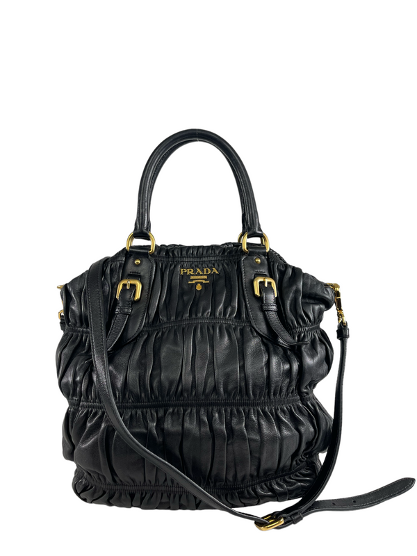 Prada Black Ruched Leather Tote with Crossbody Strap