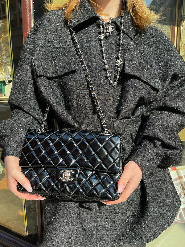 Chanel Medium Black Quilted Patent Leather 'Double Flap'